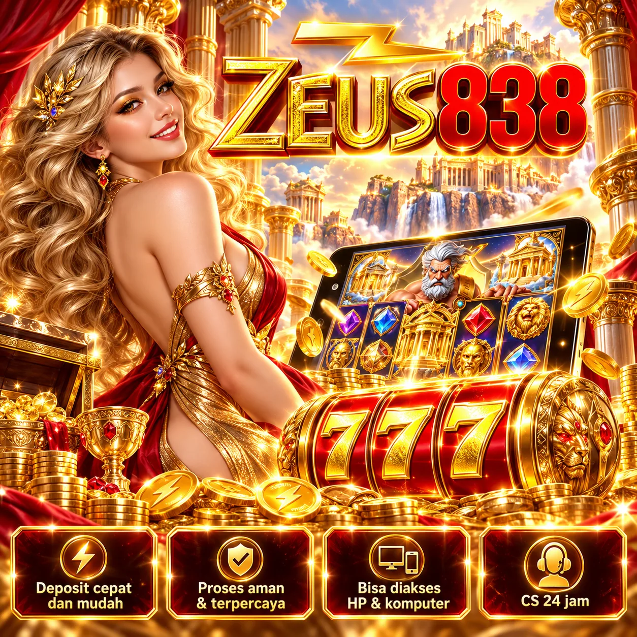 Ilustrasi visual ZEUS838 variasi 1, menampilkan tema emas, merah dan fantasi
